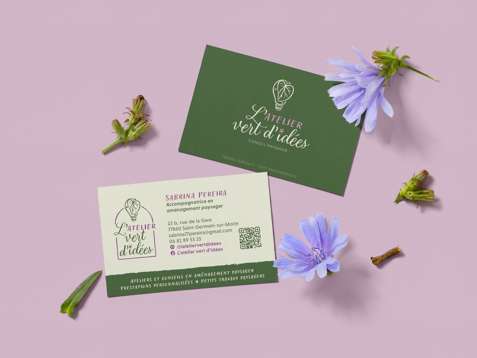 Carte de visite conçue pour L’Atelier Vert d’Idées dans le cadre de son identité visuelle