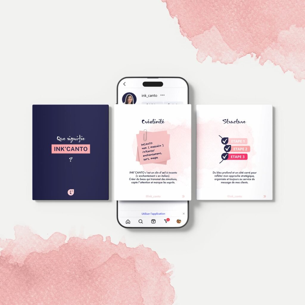Visuels réseaux sociaux avec un carrousel du kit Instagram professionnel du studio de design graphique IINK'CANTO