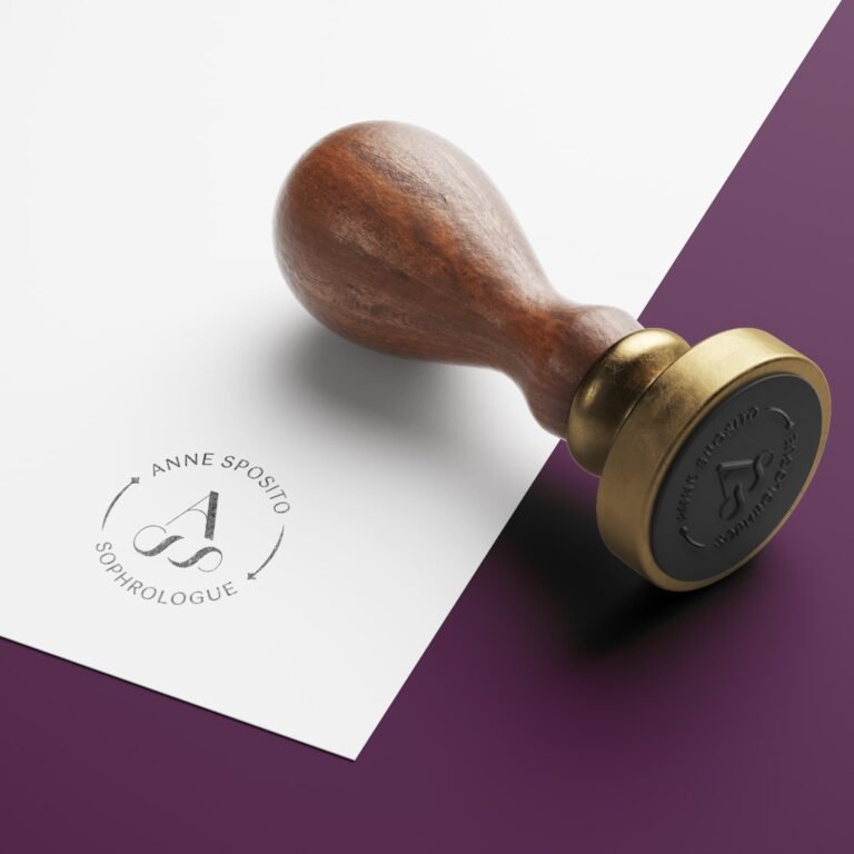 Mockup de tampon de marque présentant le logo icone de l’identité visuelle d’Anne Sposito Sophrologue
