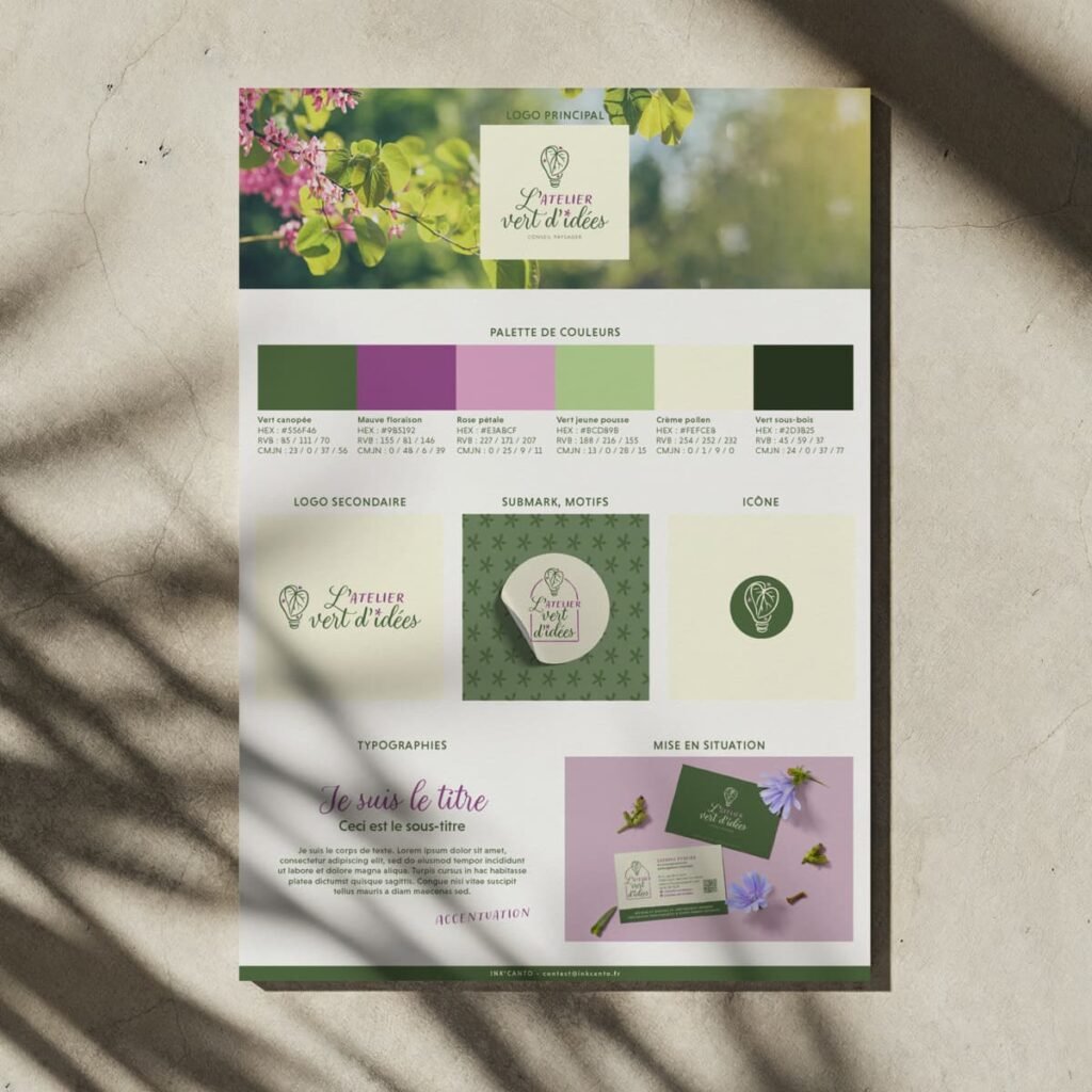 Brand board et déclinaisons du logo pour l’identité visuelle de L’Atelier Vert d’Idées