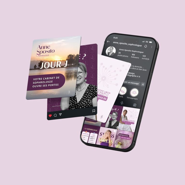 Conception d’une identité visuelle complète et d’un kit de réseaux sociaux Instagram pour une sophrologue à Melun par une graphiste