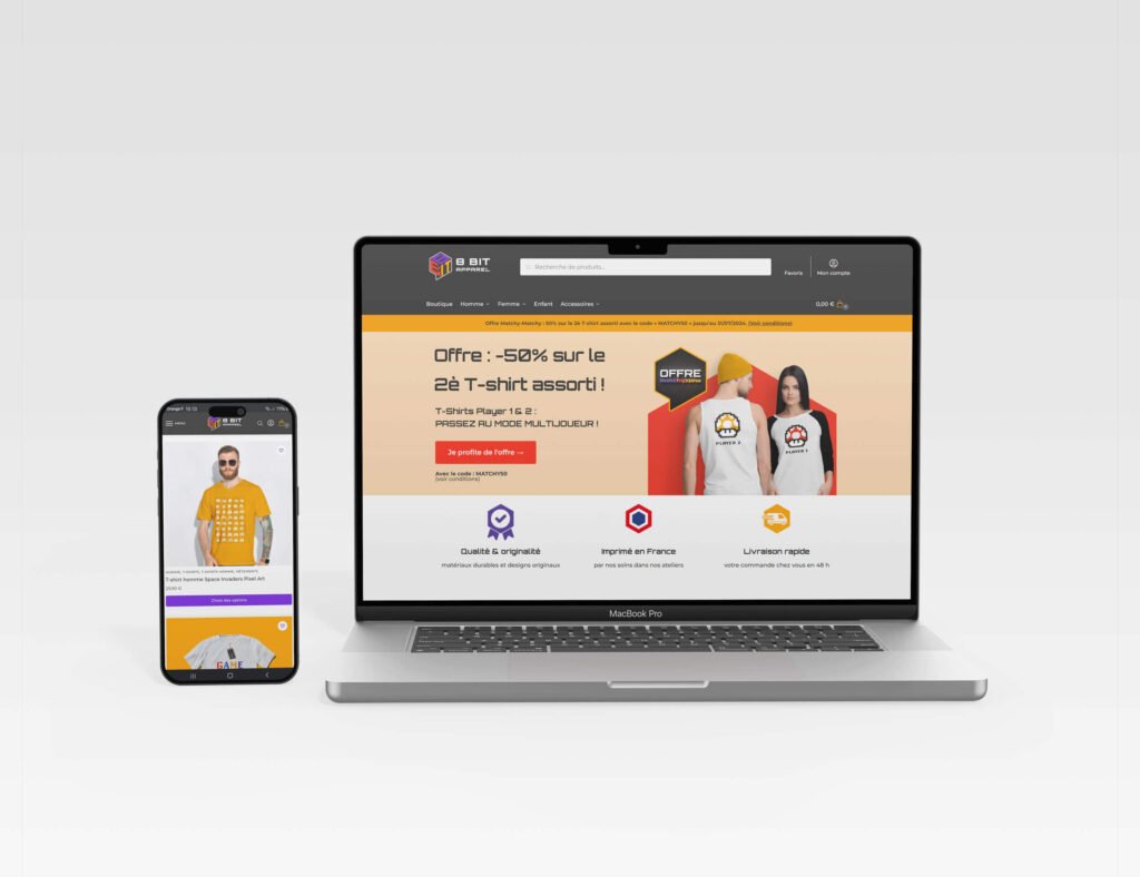 Maquette de site e-commerce pour 8 BIT APPAREL, marque inspirée du retrogaming